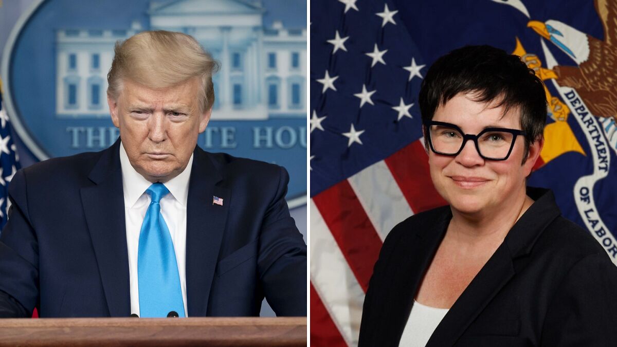Donald Trump at White House press briefing and Labor Statistics chief posing in front of US flag and Department of Labor seal