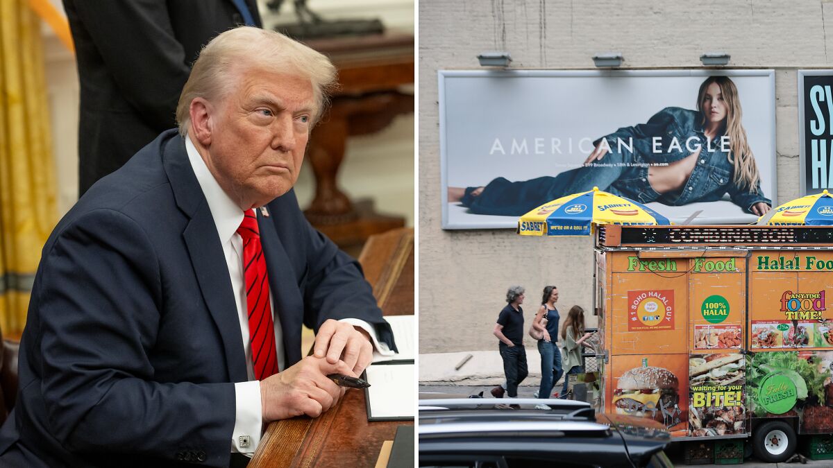 Donald Trump seated at desk looking serious next to Sydney Sweeneyu2019s controversial jeans advert billboard outdoors.