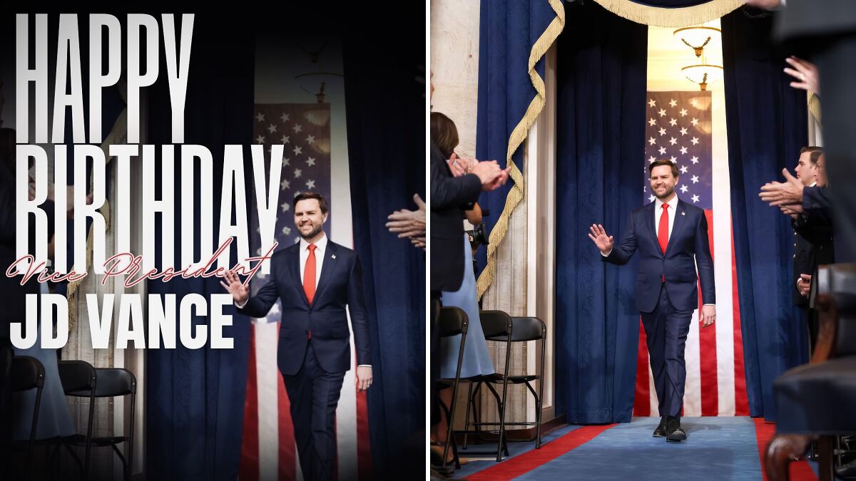 Vice President J.D. Vance walking on stage at birthday event with GOP attendees applauding along the aisle.
