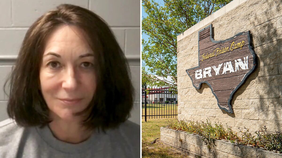 Ghislaine Maxwell mugshot and entrance sign of Bryan Club Fed federal prison in Texas where inmates express outrage.