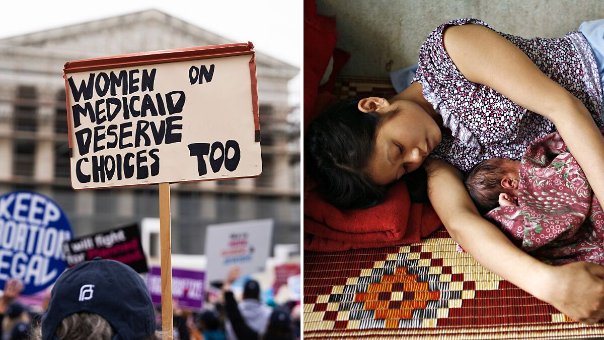 Protesters holding signs for womenu2019s reproductive rights and a mother resting with her newborn, highlighting health cuts impact.