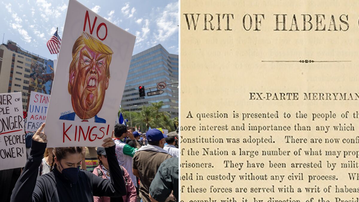 Protesters with a sign featuring a caricature of Trump and an old document showing a writ of habeas corpus page.