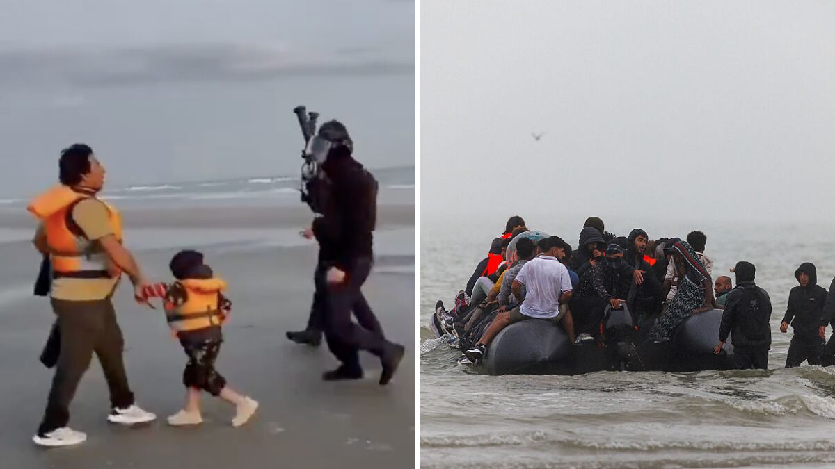 French cops clashing with dad and son wearing life jackets on beach near crowded UK-bound boat in rough sea conditions