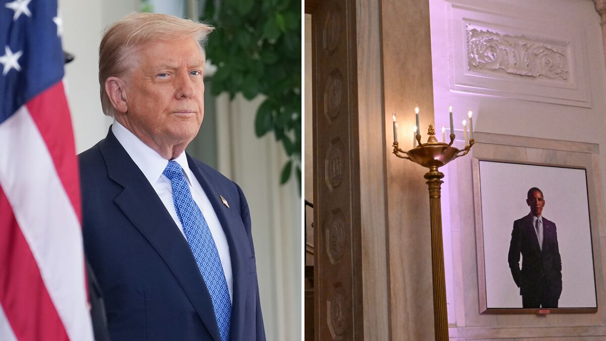 Donald Trump standing near American flag with Barack Obama portrait displayed in a concealed part of the White House interior.