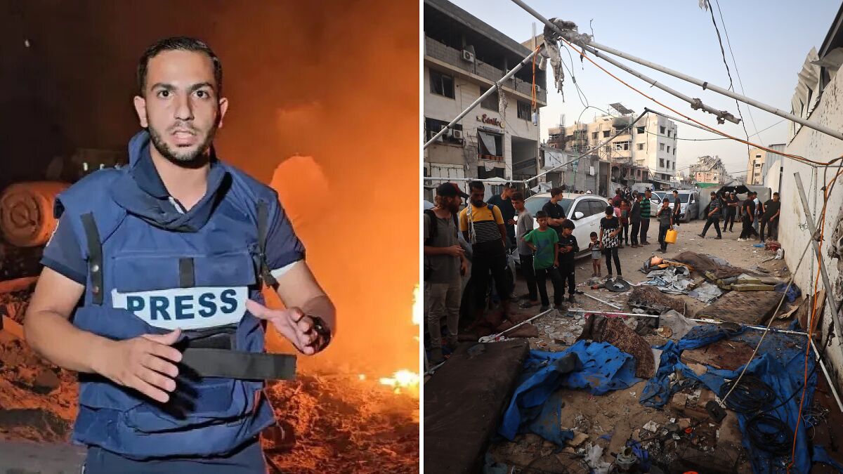 Journalist in press vest near fire and crowd surveying destruction, highlighting press freedom and journalists' lives lost.