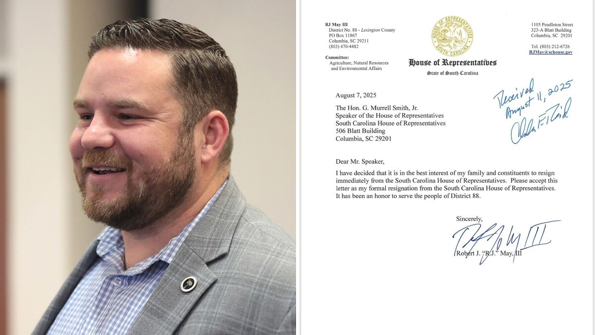 GOP lawmaker smiling in gray jacket next to official resignation letter amid child exploitation videos charge news.