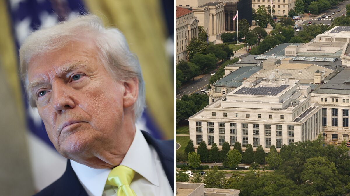 Former President Trump looking thoughtful in front of U.S. flag alongside aerial view of Smithsonian Institution building.
