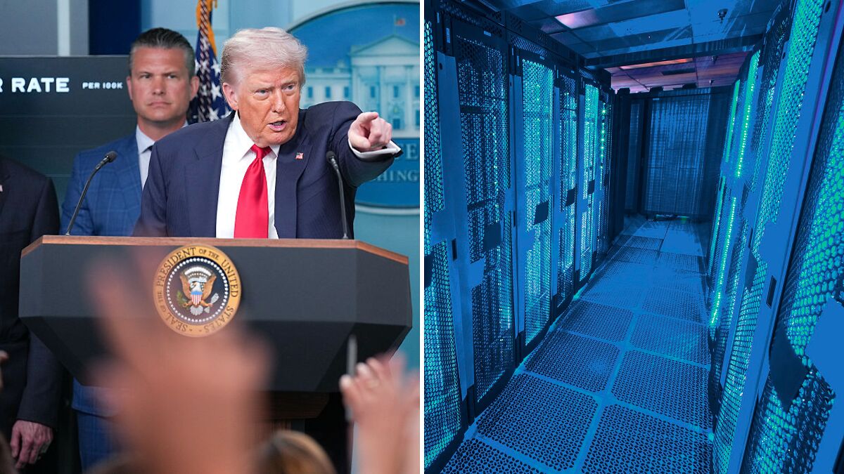 Donald Trump speaking at a podium with the presidential seal alongside a blue-lit server room, highlighting AI and LLM complexities.