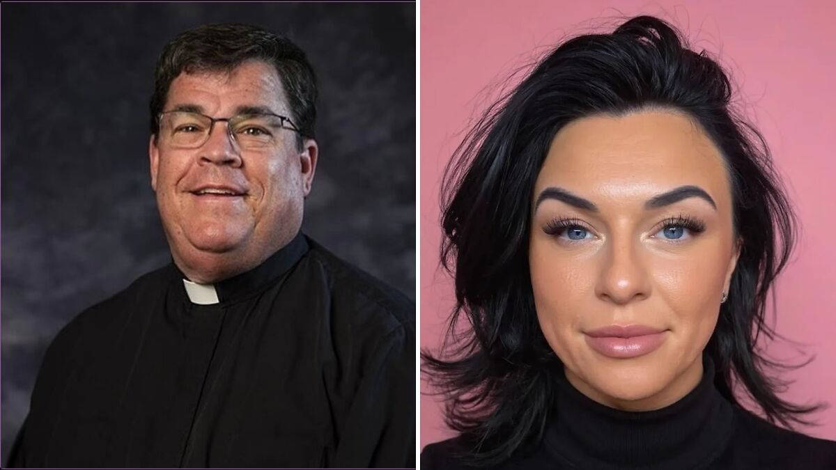 Portraits of an Alabama priest in clerical collar and a young woman with dark hair and blue eyes, related to secret romance accusations.