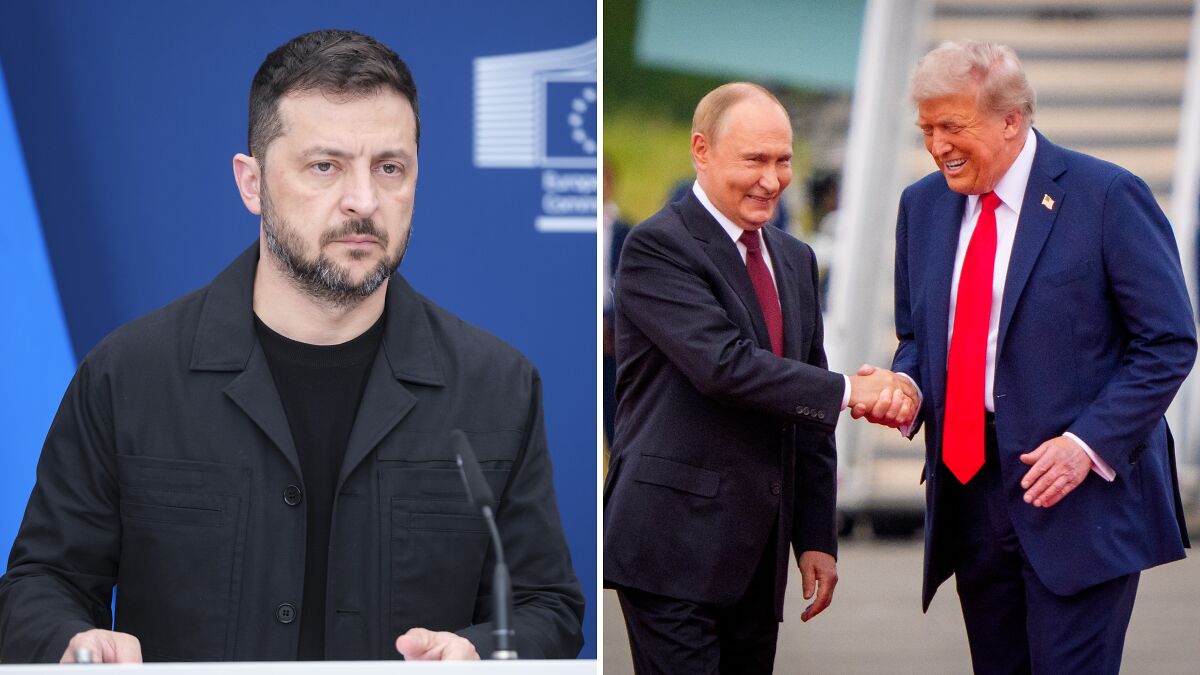 Ukrainian leader speaking seriously at podium and Trump shaking hands with Putin, related to Ukraine war topics.