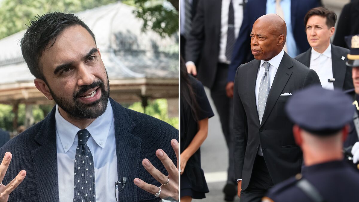 Zohran Mamdani speaking in a park and Eric Adams walking in a suit amid officials, related to NYC mayoral debate.