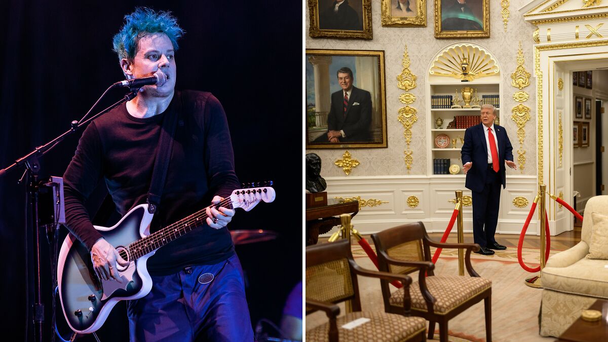 Rockstar performing on stage with guitar beside image of Trump in the Oval Office with gold decor and portraits.