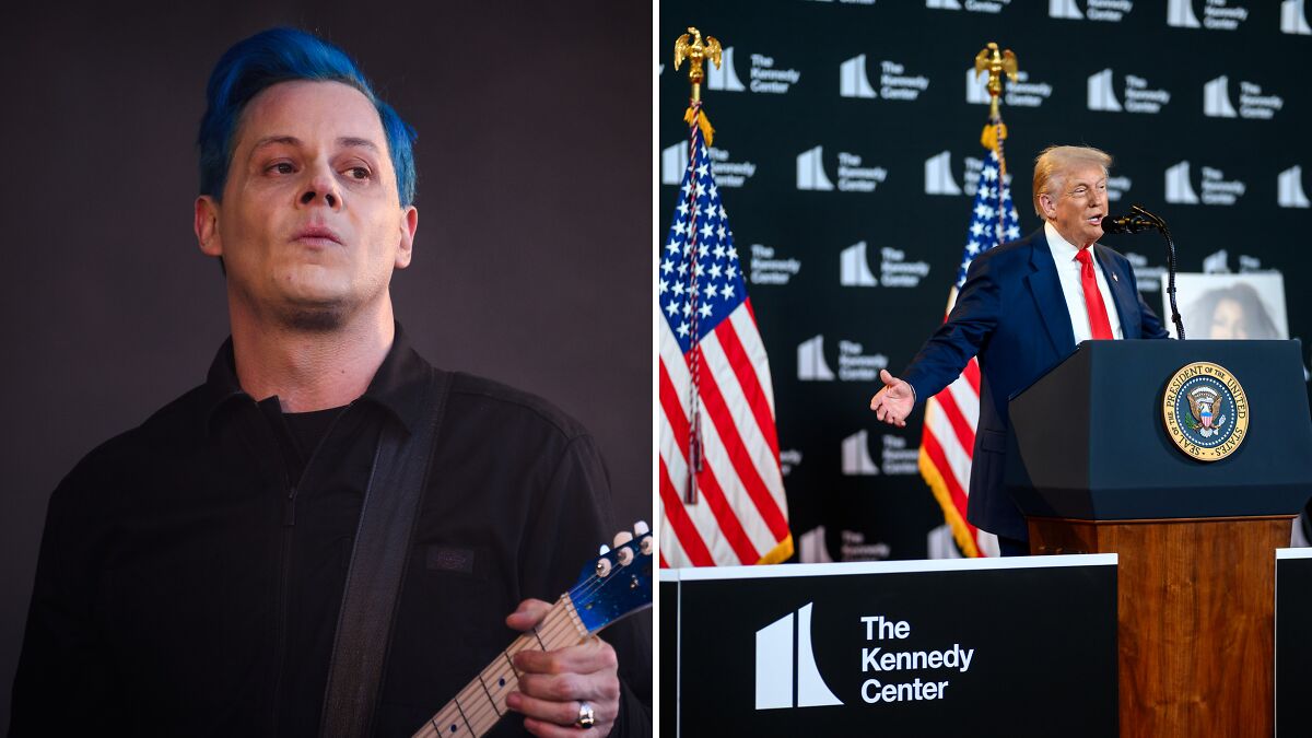 Rockstar with blue hair playing guitar and Trump speaking at a podium during a public feud and epic showdown.