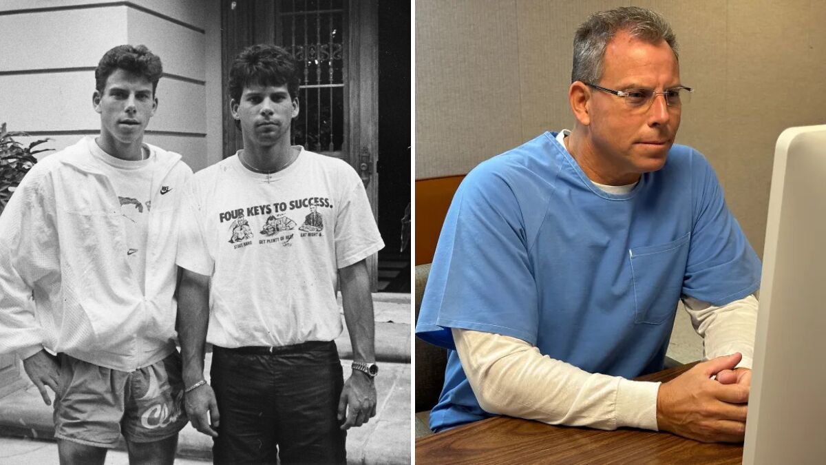 Erik Menendez in youthful black and white photo with brother and older image reviewing parole decision by computer.