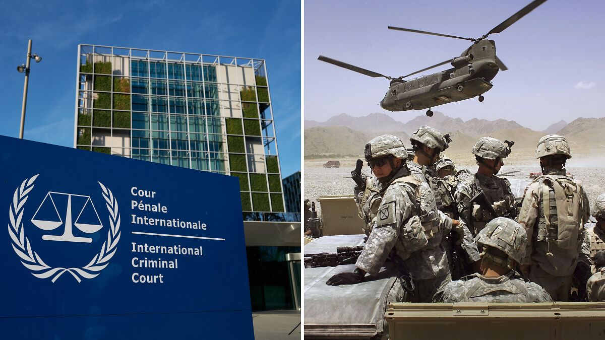 International Criminal Court building and U.S. soldiers with helicopter, illustrating U.S. sanctioning of ICC officials.