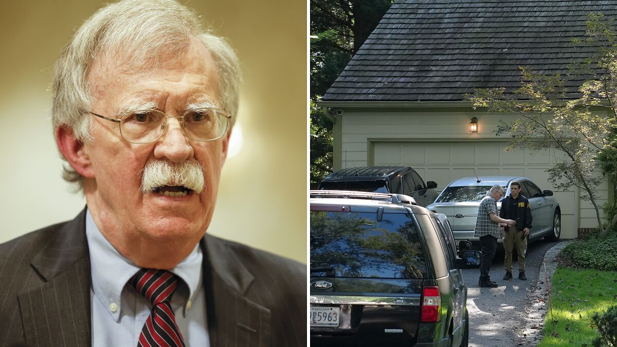 John Bolton speaking at event, paired with FBI agents outside residential house during a security investigation raid.