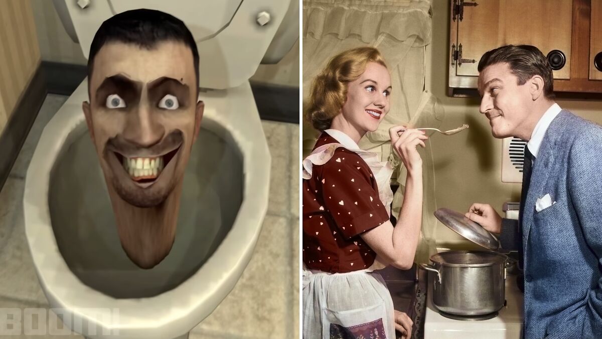 Split image showing Skibidi character's head in a toilet and a 1950s tradwife cooking with a man looking on.