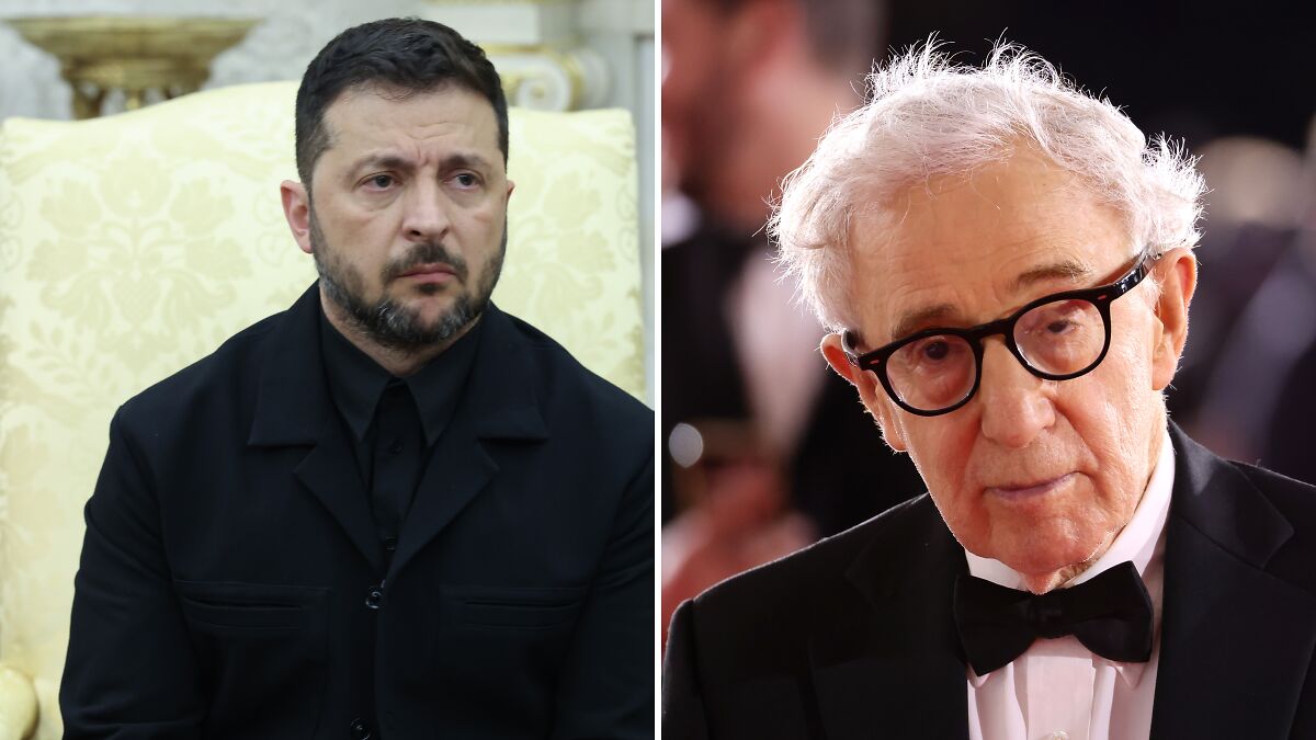 Volodymyr Zelenskyy in a suit looking serious and Woody Allen wearing glasses and a tuxedo at an event.