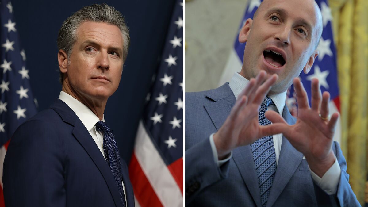 Gavin Newsom standing by American flags in a suit, and Stephen Miller speaking with hand gestures in a formal setting