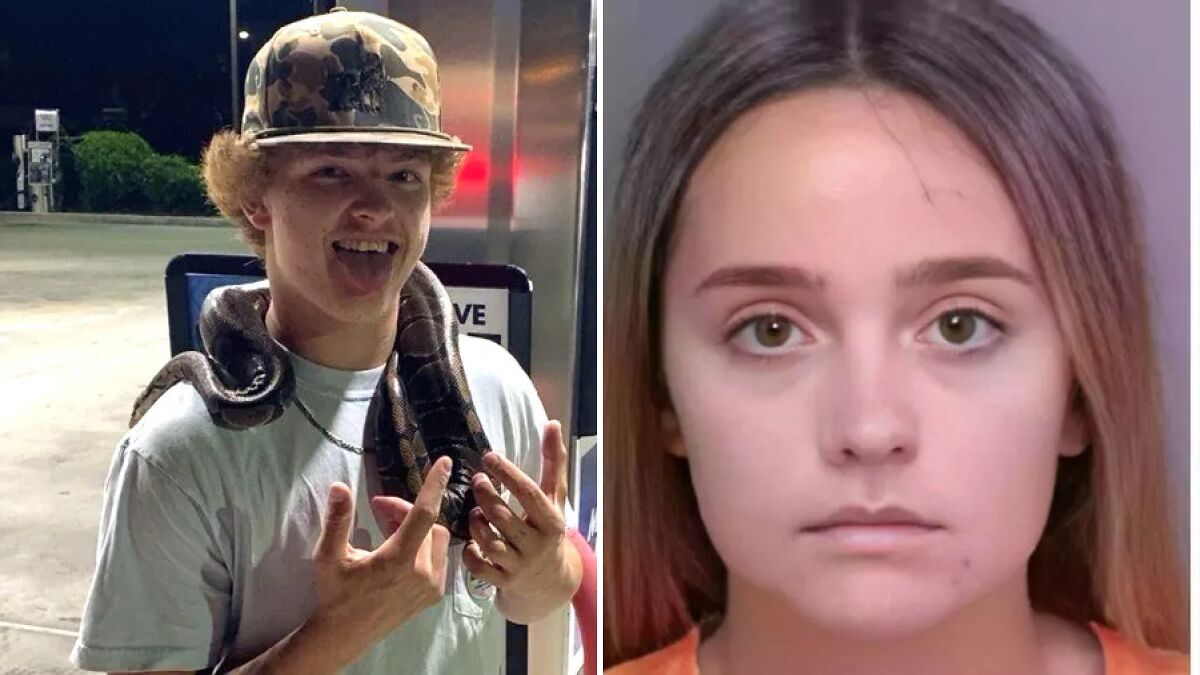 Slain teen smiling with snake around his neck beside serious cheerleader girlfriend accused of planning his fatal fate