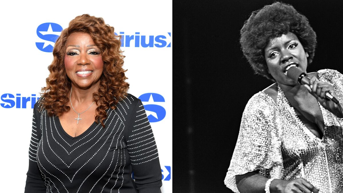 Gloria Gaynor smiling at SiriusXM event, alongside vintage photo of her singing on stage in a sparkly outfit.