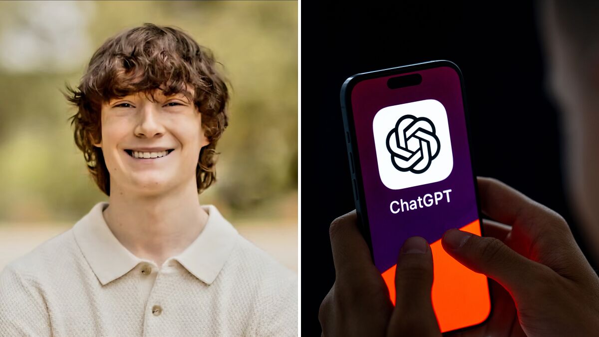 Teen smiling outdoors paired with close-up of person holding phone displaying ChatGPT app, highlighting AI therapist risks.