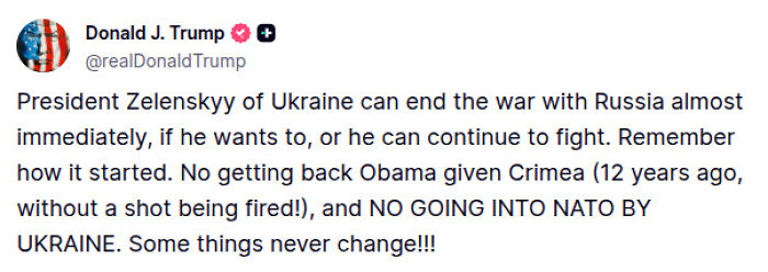 Screenshot of Donald J Trump’s tweet claiming Ukraine war could end almost immediately if Zelenskyy acts on key demands.