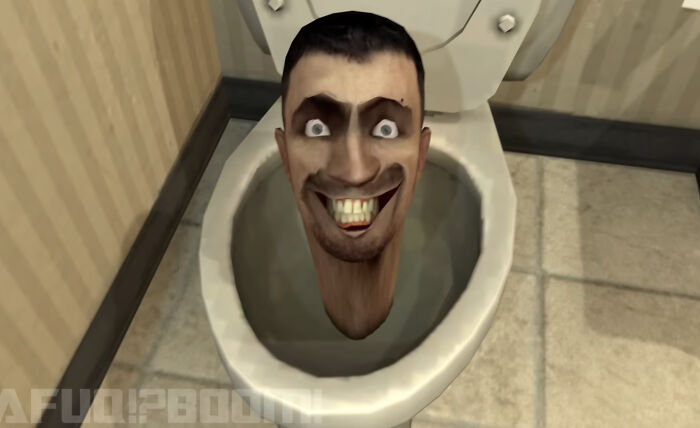 Distorted animated head with exaggerated expression inside a toilet bowl illustrating skibidi and delulu themes.