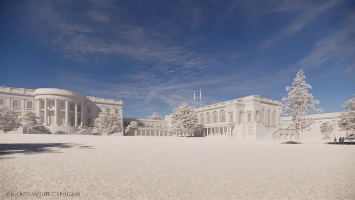 White House exterior with bright sky, illustrating Trump’s plans for an excessive White House ballroom amid affordability issues.