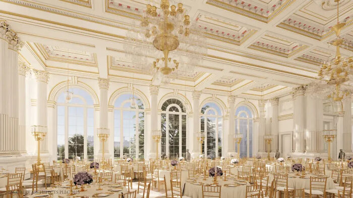 Lavish White House ballroom with gold accents and crystal chandeliers reflecting excessive luxury plans by Trump.