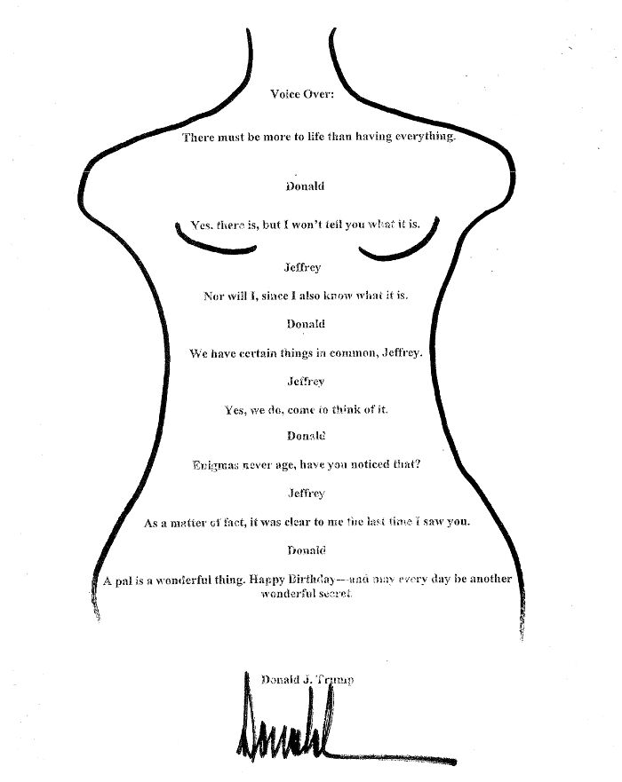Silhouette of a torso shaped note with a birthday message allegedly from Donald Trump mentioning Jeffrey Epstein.