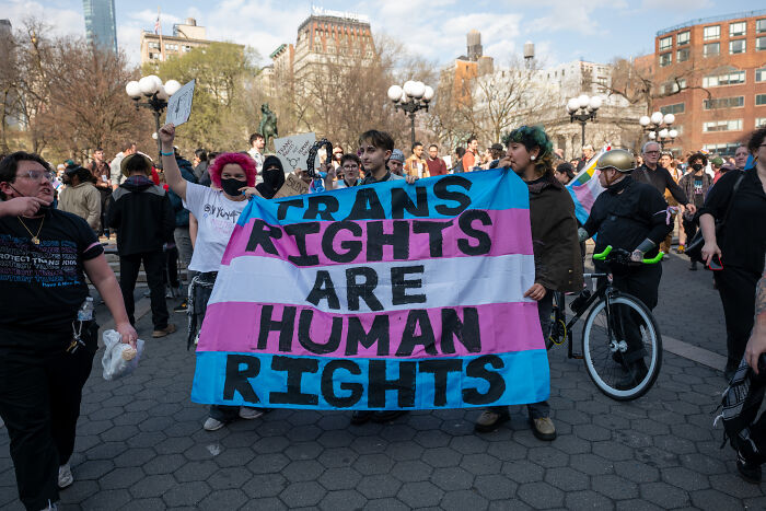 Protesters holding a trans rights banner amid a crowd, highlighting concerns over potential firearm ban restrictions.