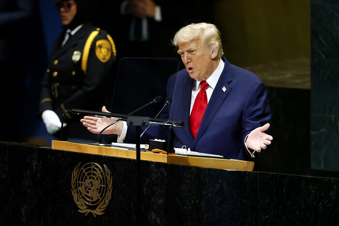 Donald Trump speaking at the UN General Assembly, addressing immigration and Europe’s future concerns.