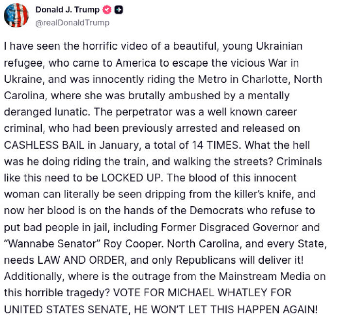 Screenshot of a tweet describing the stabbing attack on Ukrainian refugee Iryna Zarutska on a train in Charlotte, North Carolina. Screenshot of a tweet describing the stabbing attack on Ukrainian refugee Iryna Zarutska on a train in Charlotte, North Carolina.