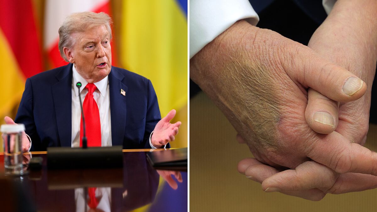 Donald Trump speaking at a meeting with flags behind him and a close-up of his folded hands resting on a table.