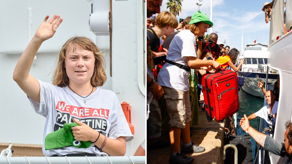 Greta Thunberg on a boat waving while supporters assist with luggage near a dock amid storm forces and flotilla event.