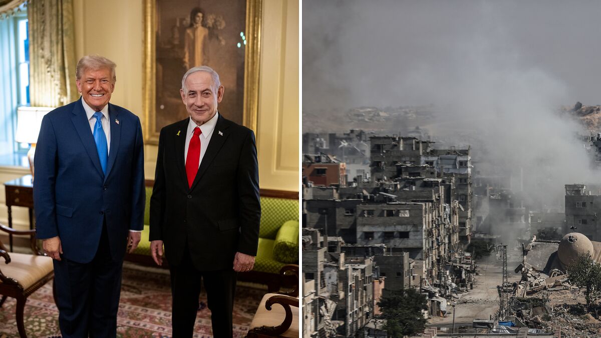 Donald Trump and Israeli leader in formal suits alongside smoke rising over damaged Gaza buildings during offensive