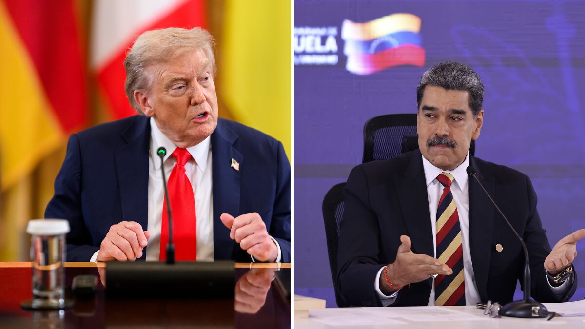 Split image showing Trump speaking at a meeting and Venezuelan leader addressing an audience, hinting at Venezuela conflict.
