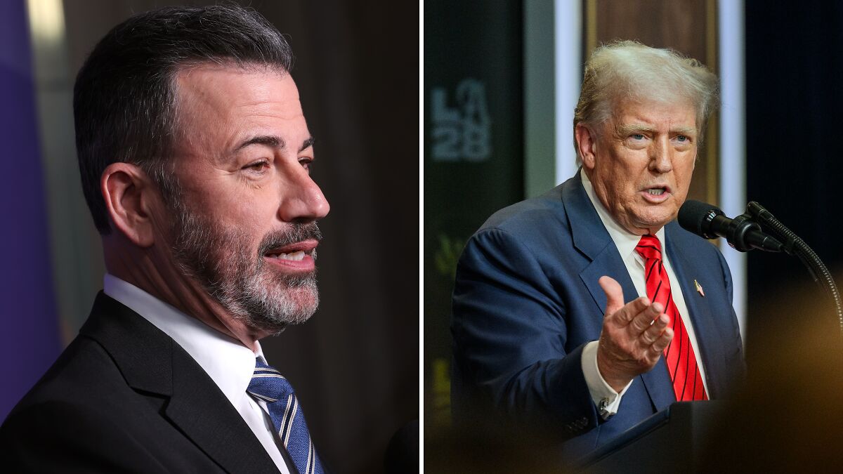 Jimmy Kimmel speaking on stage in a suit and tie, mocking Trump during his on-air response speech.
