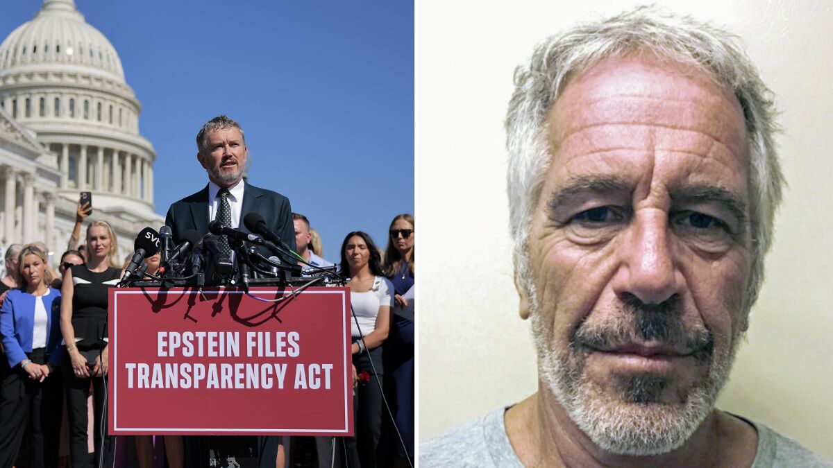 Man speaking at podium with Epstein Files Transparency Act sign and close-up photo of Jeffrey Epstein with white background