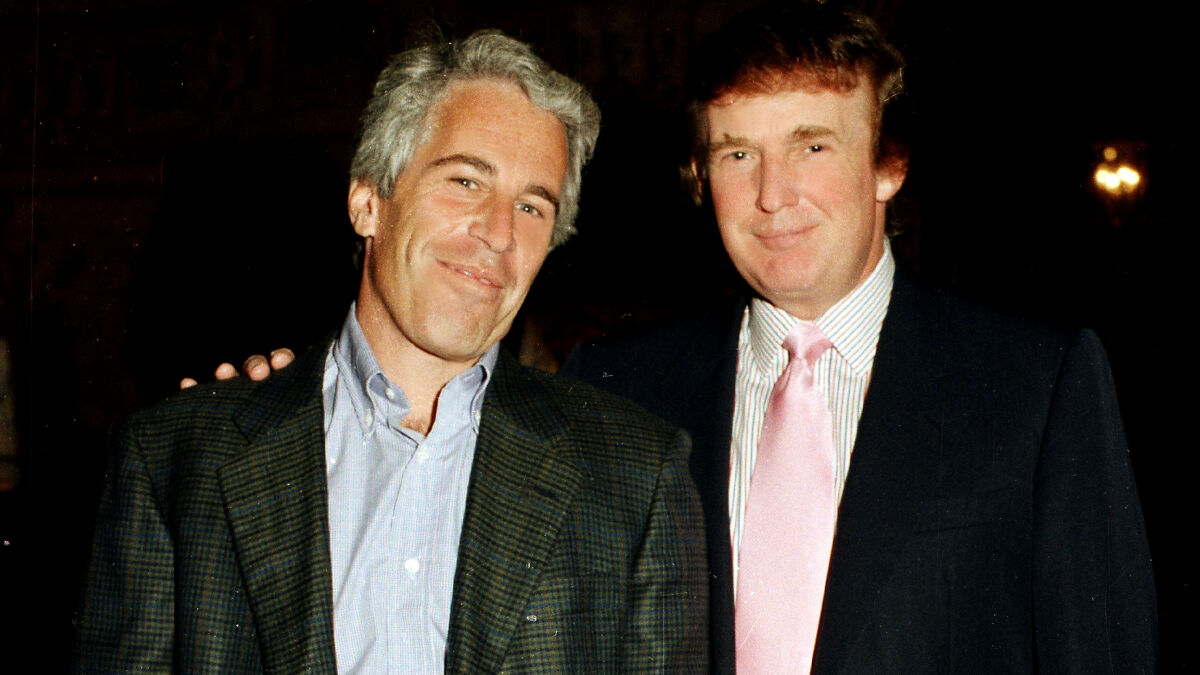 Jeffrey Epstein and Donald Trump posing together, highlighting Epstein birthday book and Trump buying girl allegations.
