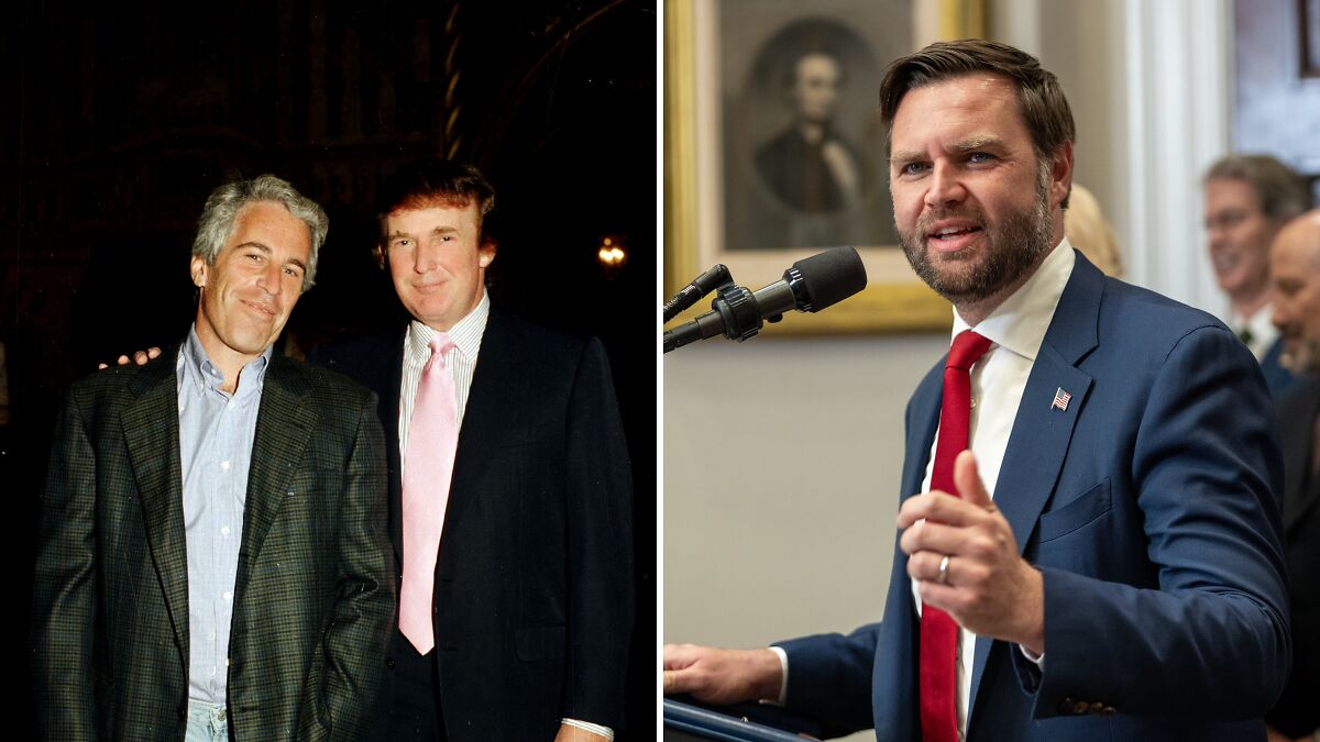 JD Vance speaking at a podium in a suit and red tie amid political discussion and scrutiny.