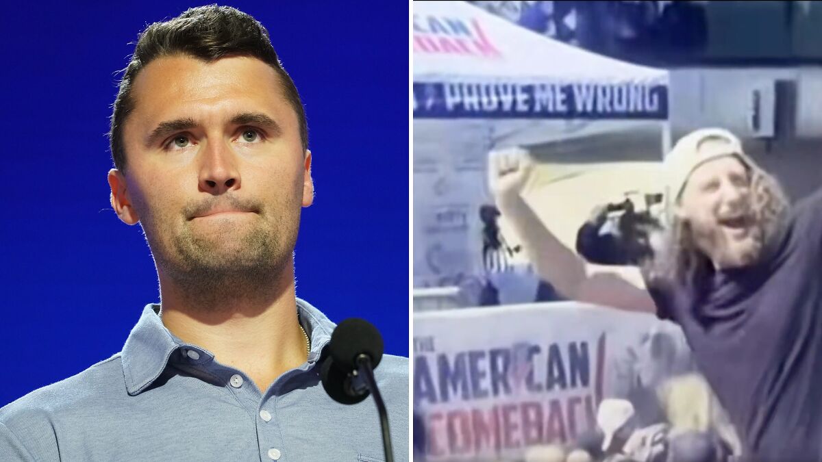 Charlie Kirk speaking at a podium and left-wing activists celebrating at an outdoor event with protest signs.