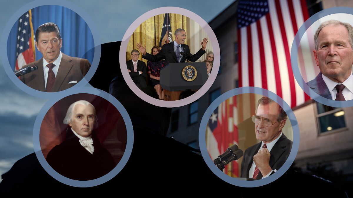 Collage of American presidents known for war decisions speaking or posing with US flags behind them.
