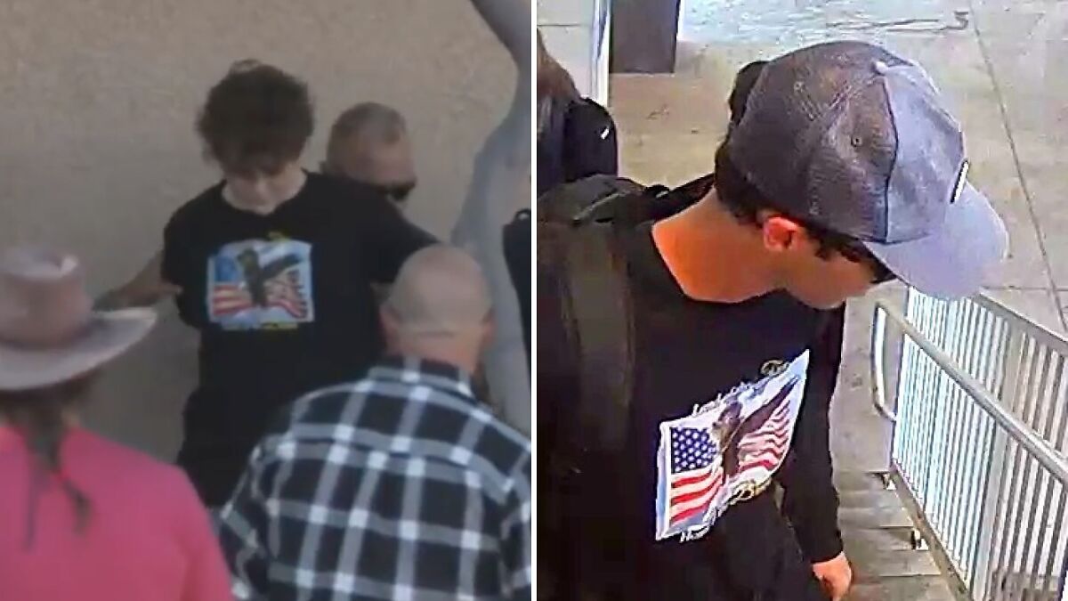 Teen wearing shirt like accused Charlie Kirk shooter, shown in black shirt with American flag design at Turning Point USA event.