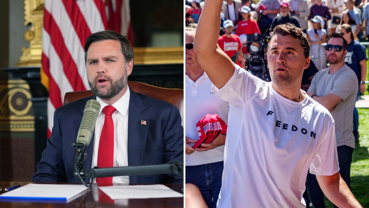 JD Vance speaking in a studio with US flag and Charlie Kirk raising hand at an outdoor event with crowd behind him