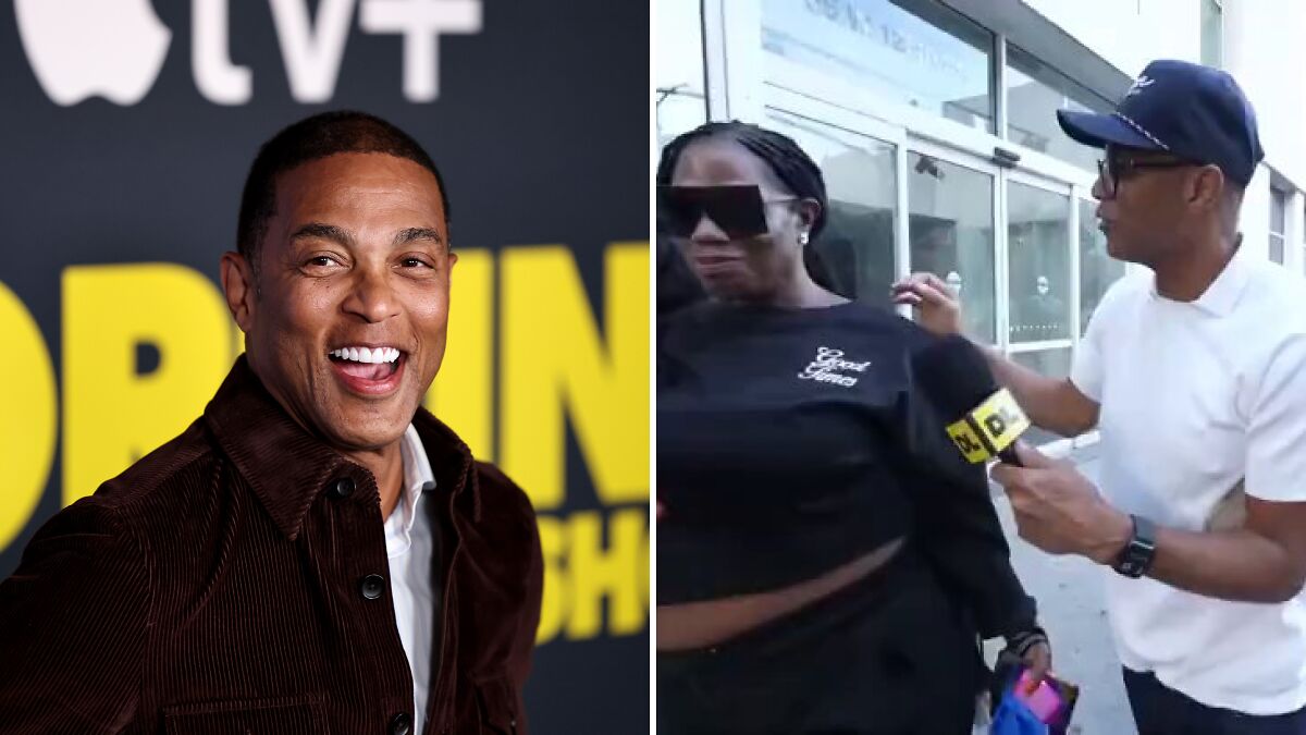 Split image showing Don Lemon smiling at an event and a black woman shutting down an interview outside a building.