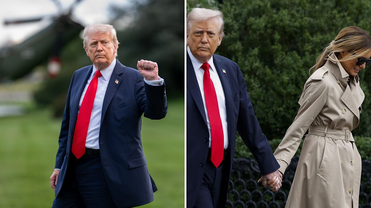 Donald Trump with Melania, her hand strategically placed as they walk, hinting at a concealed injury during UK arrival.
