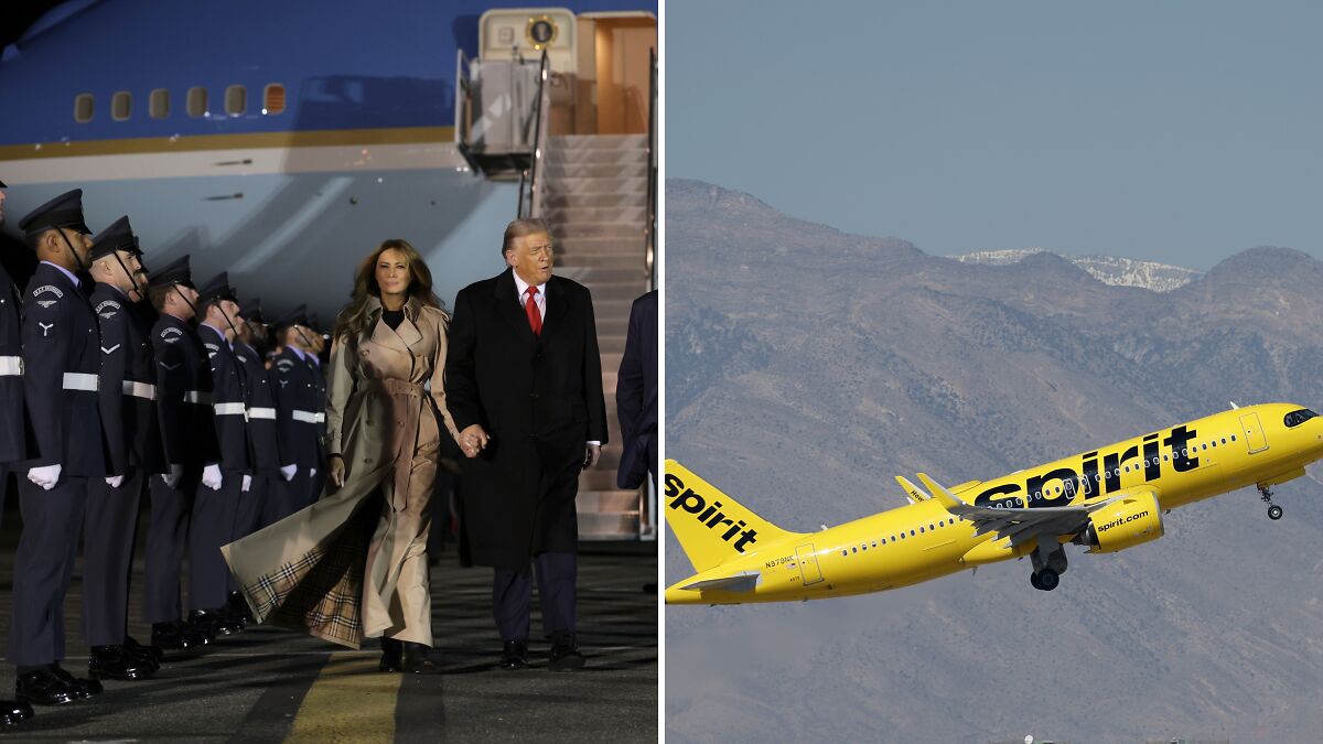 Donald Trump and Melania walking near Air Force One, and a Spirit Airlines plane taking off against mountain backdrop.