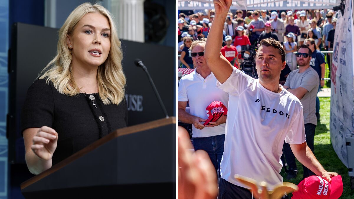 Karoline Leavitt speaking at podium and Charlie Kirk raising hand at outdoor event with crowd in background.